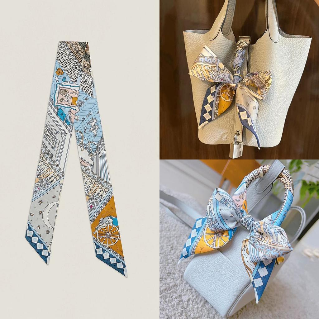 Exotic Printed Silk Scarf For Bags Hair Ties Double-Sided Slanted Edge Narrow Strip Multipurpose Simulation Satin Ribbon