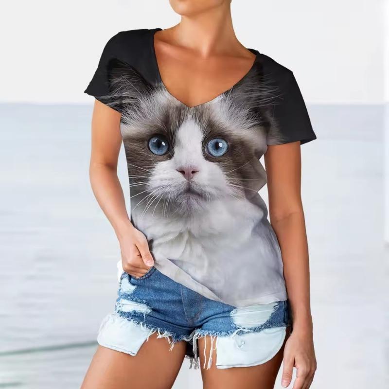 Women V-neck Short Sleeve Casual Fashion Kawaii Graphics T-shirt Oversized Female Girls Clothes 3D Funny Cats Print T Shirts