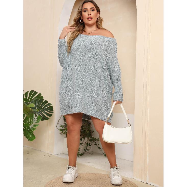 

Off-shoulder Sweater Dress Sexy Loose Knitted Pullover Sweater 1XL світло-синій колір