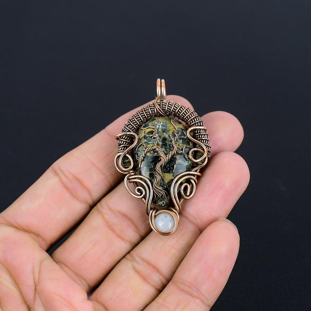 Copper Seraphinite Pendant, 999 Copper Wire Wrapped Gemstone Jewelry, Handmade Pendant, For Thanksgiving