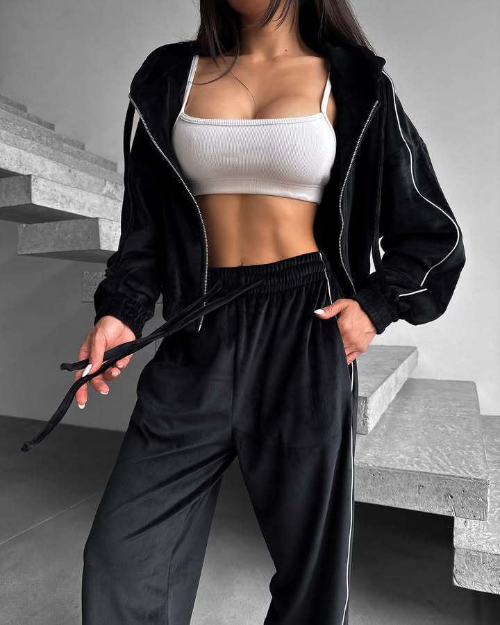 Velvet Stripe Hoodie Cardigan & Wide Leg Pants Two-Piece Set for Women