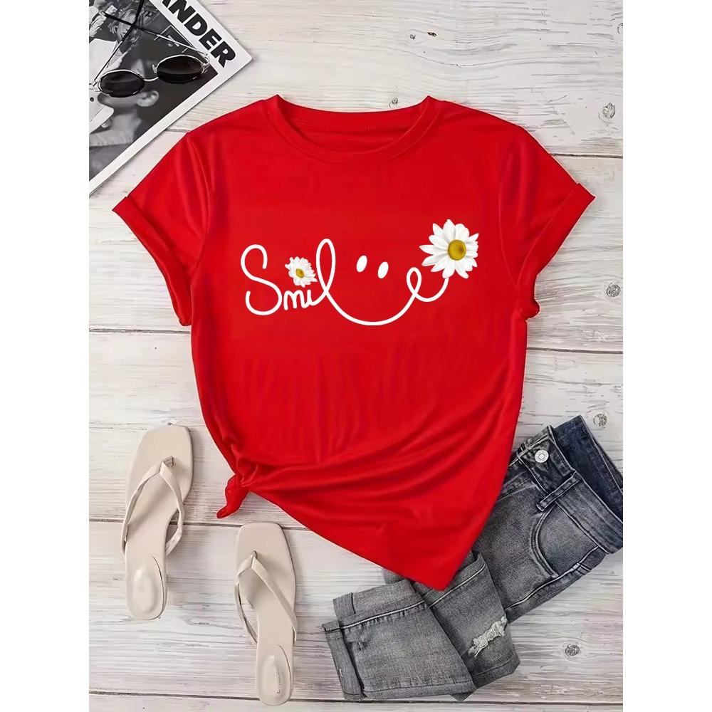 Beautiful Daisy Smile Letter Printed T Shirt Harajuku Fashion Graphic Black T Shirt Shirt Casual O-neck Female Tops Tee