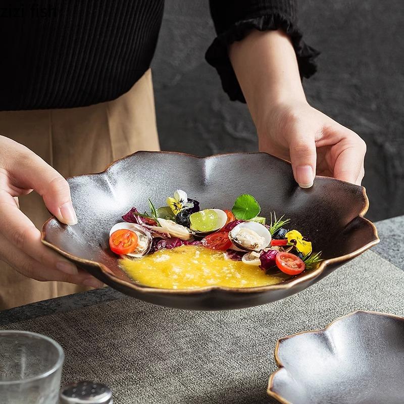 Hluboký keramický talíř s černým zlatem a salátový talíř Dezertní talíř Dim Sum Talíře svačiny Silné polévkové talíře Hotelové kreativní nádobí