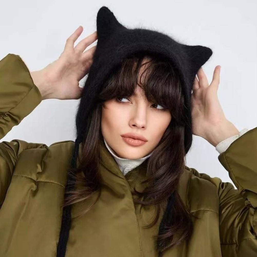 Solid Color Knit Winter Hat Laced Up Plush Fluffy Hat Cute Cat Ear Beanie For Women