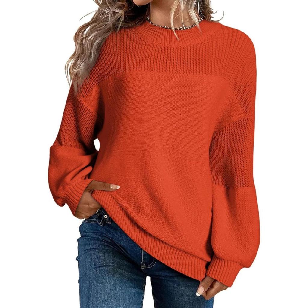 Autumn Winter New Women's Solid Color Lantern Sleeve Round Neck Long Sleeve Pullover Knitted Sweater Top