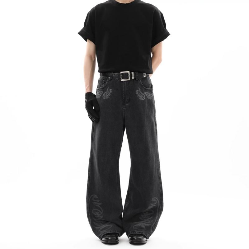 Mens Vintage Washed Embroidered Flare Jeans Loose Straight Leg Vibe Style Casual Denim Pants