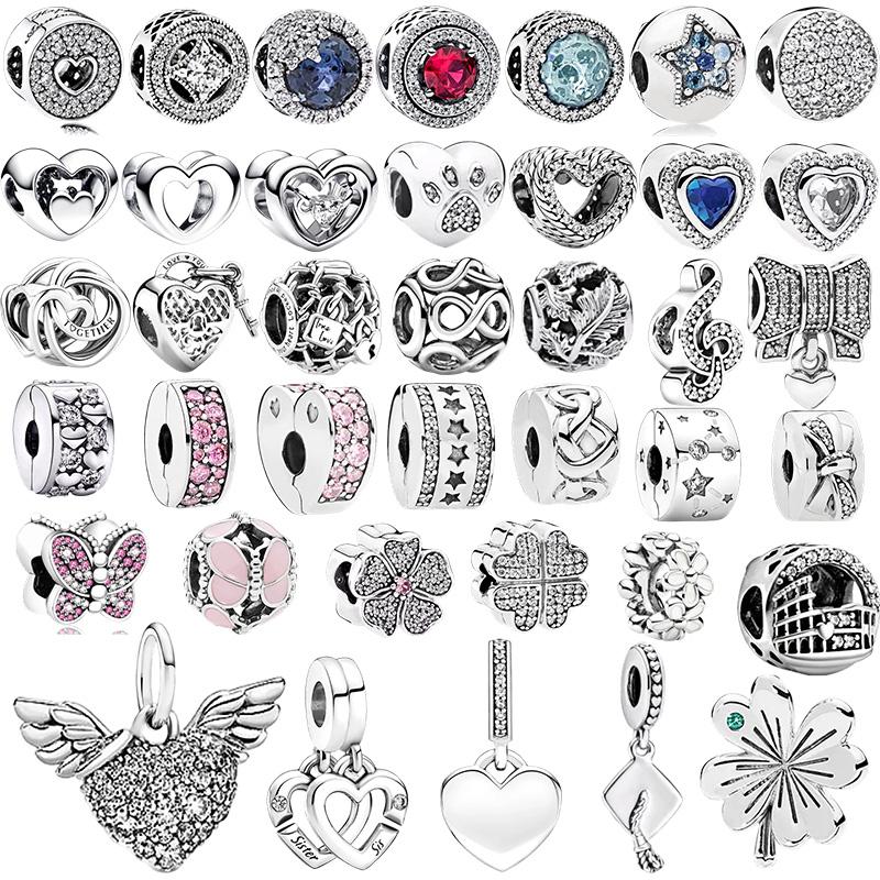 Sparking Butterfly Heart Clip Charm Beads Dangle Silver Bracelet Necklace For Diy Jewelry Women Gift