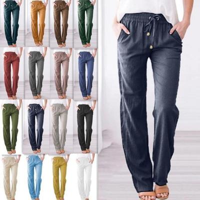 Spring and Summer Women's Solid Color Cotton and Linen Drawstring Loose Casual Wide-leg Trousers