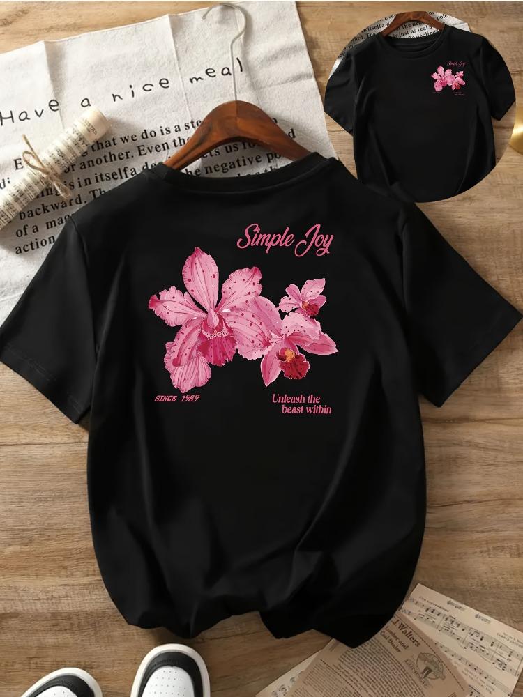 Front And Back Shortsleeved Orchid Black Background Printed Round Neck Unisexs Casual Top Comfortable Unisexs Clothing