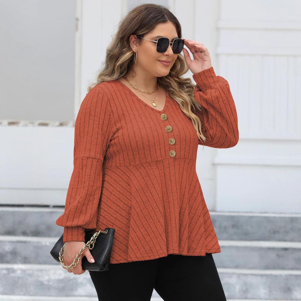 Women's Top, Large-sized Baby Shirt, V-neck, Striped Lantern Sleeves, T-shirt, Button-decorated Top