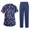 Women's Uniform Set with Short Sleeve Christmas Print Top and Pants, Two Piece Caregiver with Pockets