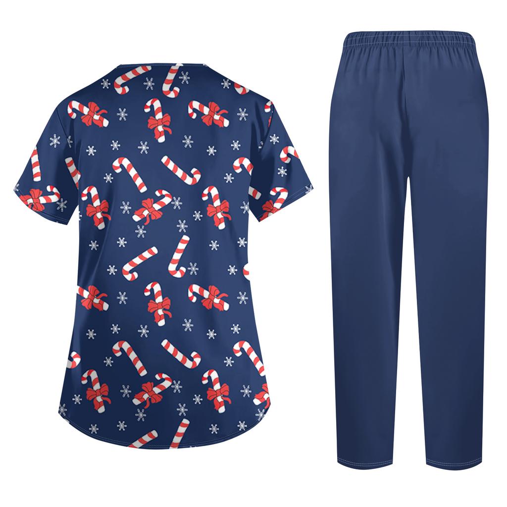 Women's Uniform Set with Short Sleeve Christmas Print Top and Pants, Two Piece Caregiver with Pockets