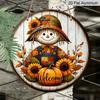 2D Flat, 1pc Round Aluminum Hanging Sign, Autumn Sunflower Pumpkin Scarecrow Design, Rustic Welcome Sign with Vibrant Fall Colors, All-Season Decor
