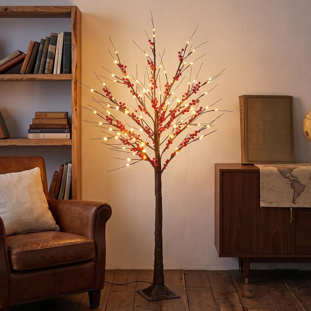 Artificial Birch Tree 150 cm with 96 Warm White LED Lights Red Berries Timer and 12 Flexible Brown Branches