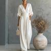 2026 Damen Deep V-Ausschnitt Taillengebunden Weiter Bein Jumpsuit Set