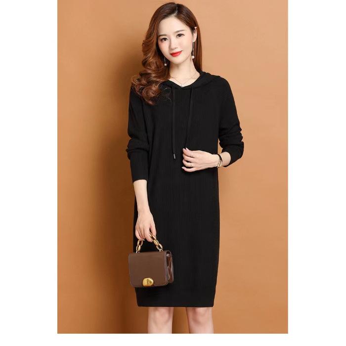 Early Autumn Hooded Knitted Dress Spring Autumn Medium and Long Autumn Slim Women's Dress 1 Color Sweater Dress