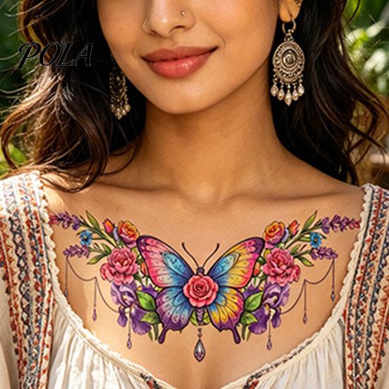 5 Sheets Colorful Butterfly Flower Tattoo Stickers, Waterproof Temporary Body Art, Hypoallergenic Floral Chest Back Decals for Women Girls