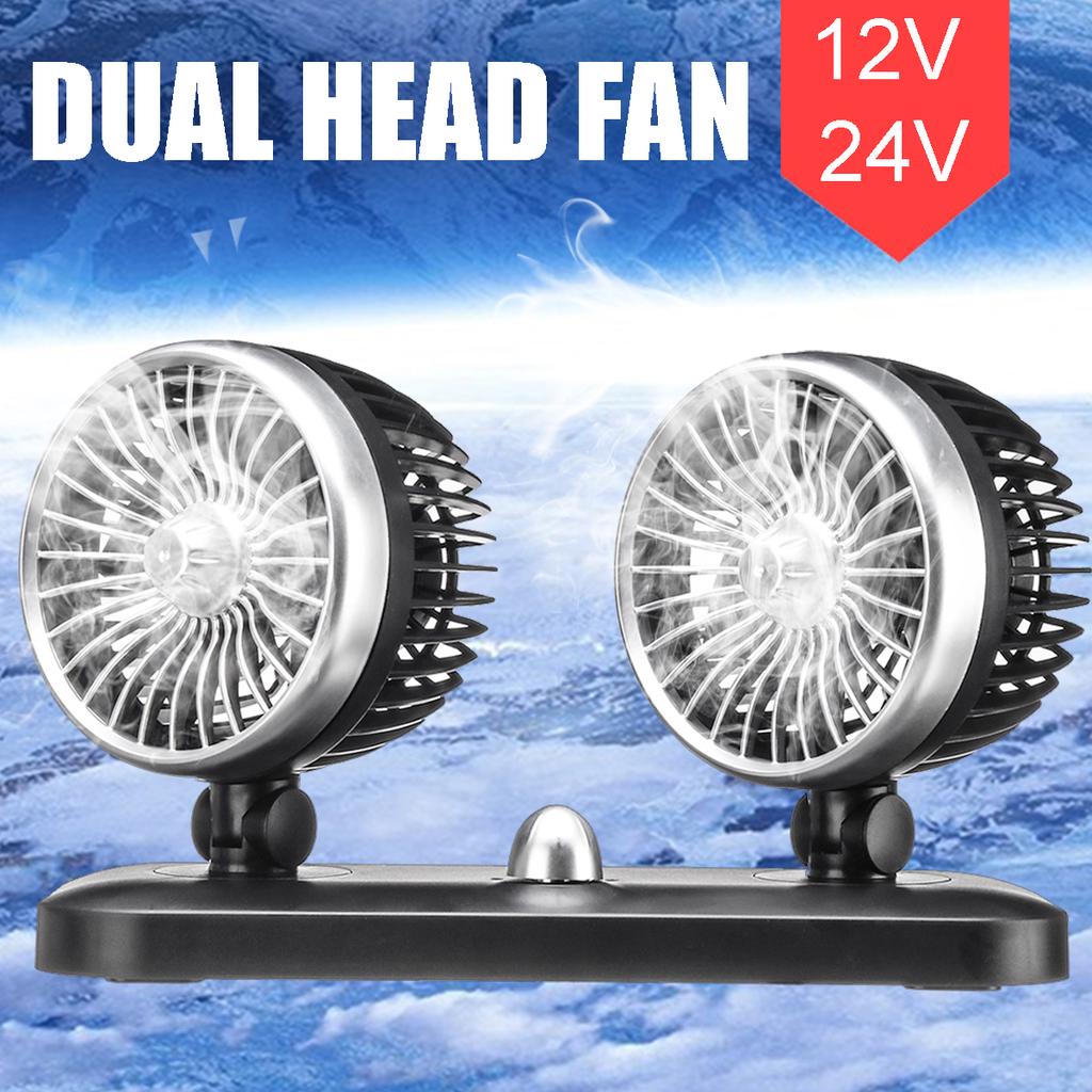 Přenosný nastavitelný ventilátor do auta s dvojitou hlavou 12V/24V, rotující oscilační ventilace palubní desky