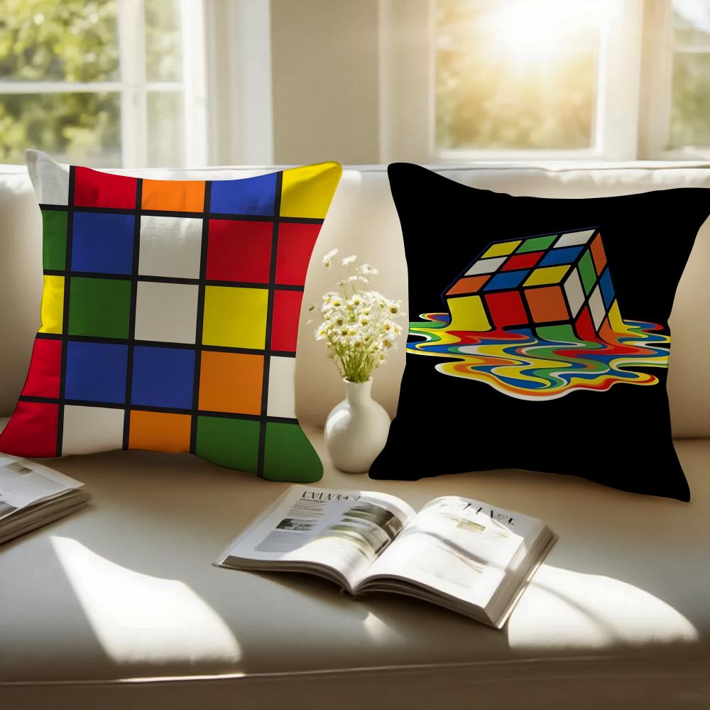 Creative Magic Cube Puzzle Design Art Cushion Cover Pillowcase Antidustmite Invisible Zipper Short Plush Sofa Cushion