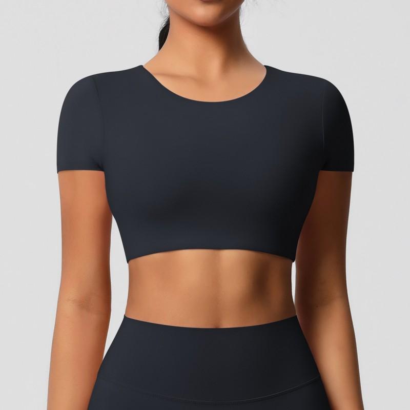 Womens Solid Dance Tight Short Sleeve Quick Dry Yoga Fitness Top Stage Performance Shirt
