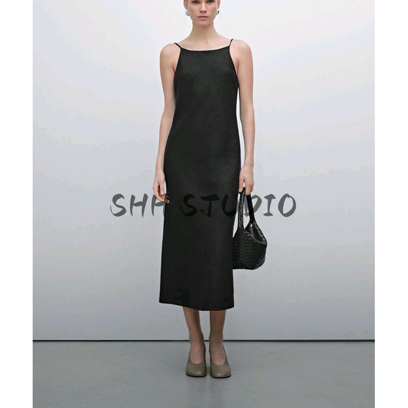 MD Spring/Summer New Arrival Elegant Elegance Minimalist Linen Mid-Length Sling Dress Black Dress 6631586