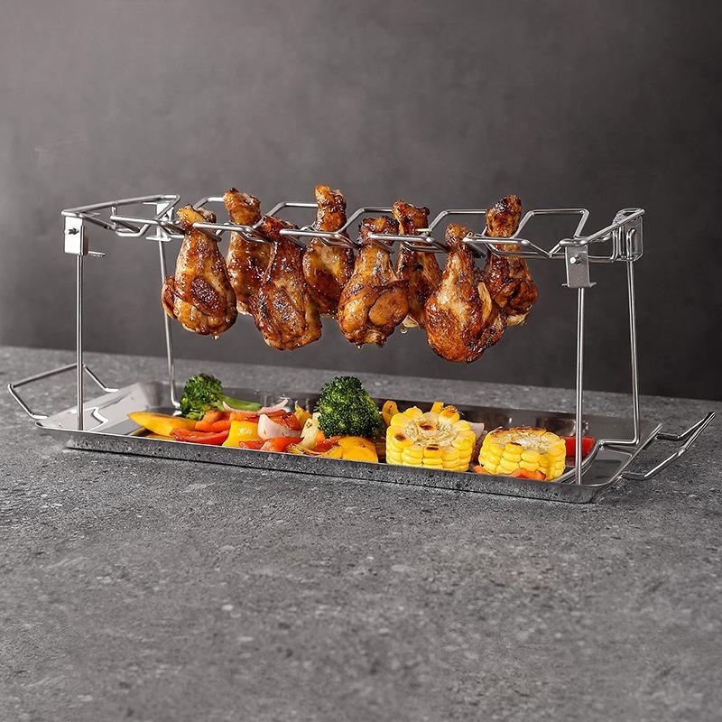 Collapsible Stainless Steel Barbecue Roaster Stand Tray Chicken Leg Wing Rack 14 Slots Stainless Steel Roaster Stand