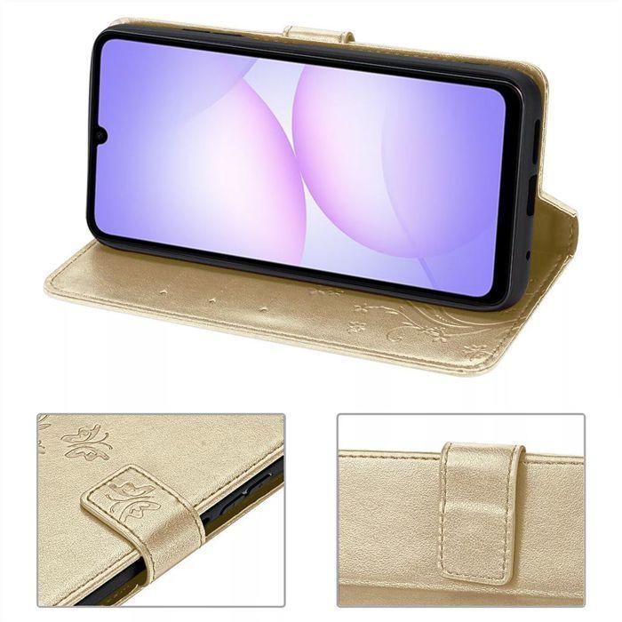 Protective Case - BOOLING - Samsung Galaxy A07 - Synthetic Gold Leather Plant Pattern - 2 Glasses