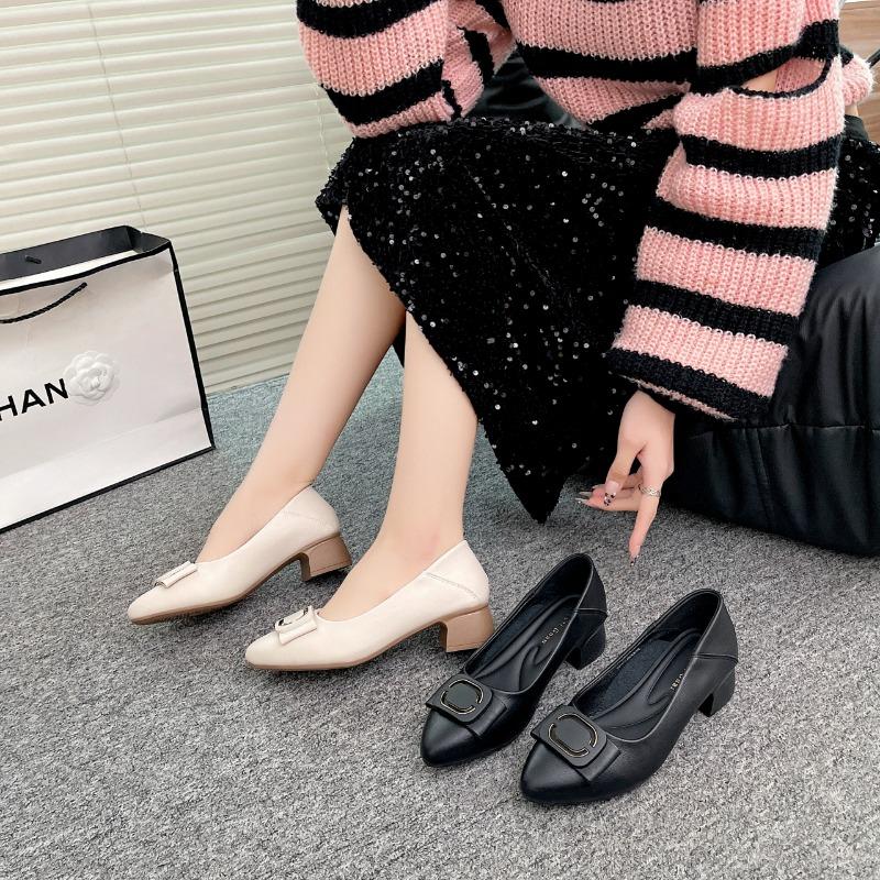 Fashion 2025 New Fashion and Versatile Round Toe Block Heel Small Single Shoes Spring and Autumn Casual Soft-soled Women's Leather Shoes