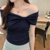 Women's Pleated One-Shoulder Short-Sleeve T-Shirt with Stylish Design