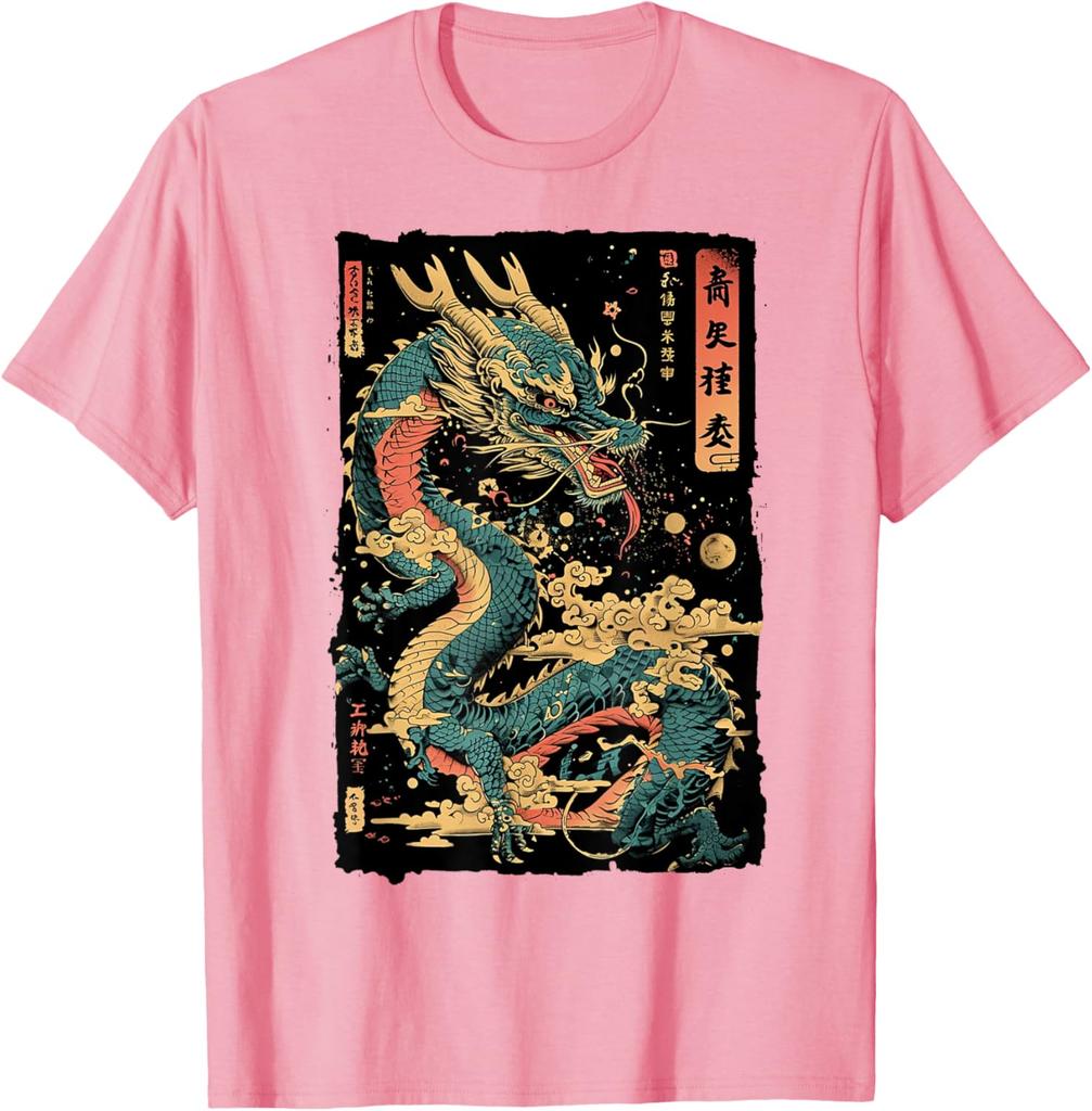 Japanese Dragon Graphic Tee Mens Casual Cotton Print Short Sleeve Crew Neck TShirt