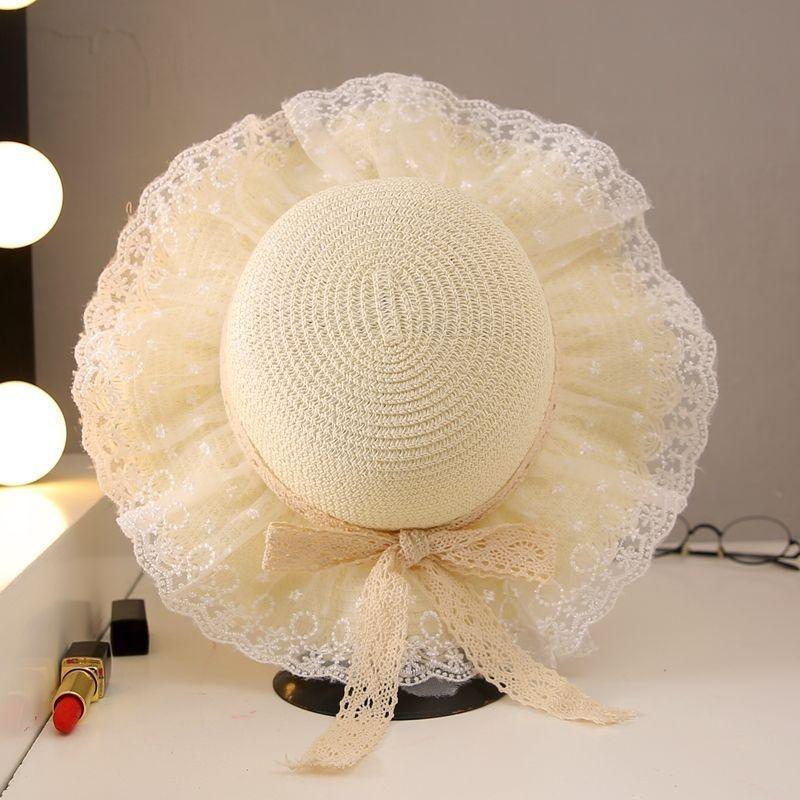 Girl's Sunscreen Lace Straw Hat Summer Children's Sunshade Travel Princess Wind and Snow Spinning Cool Hat