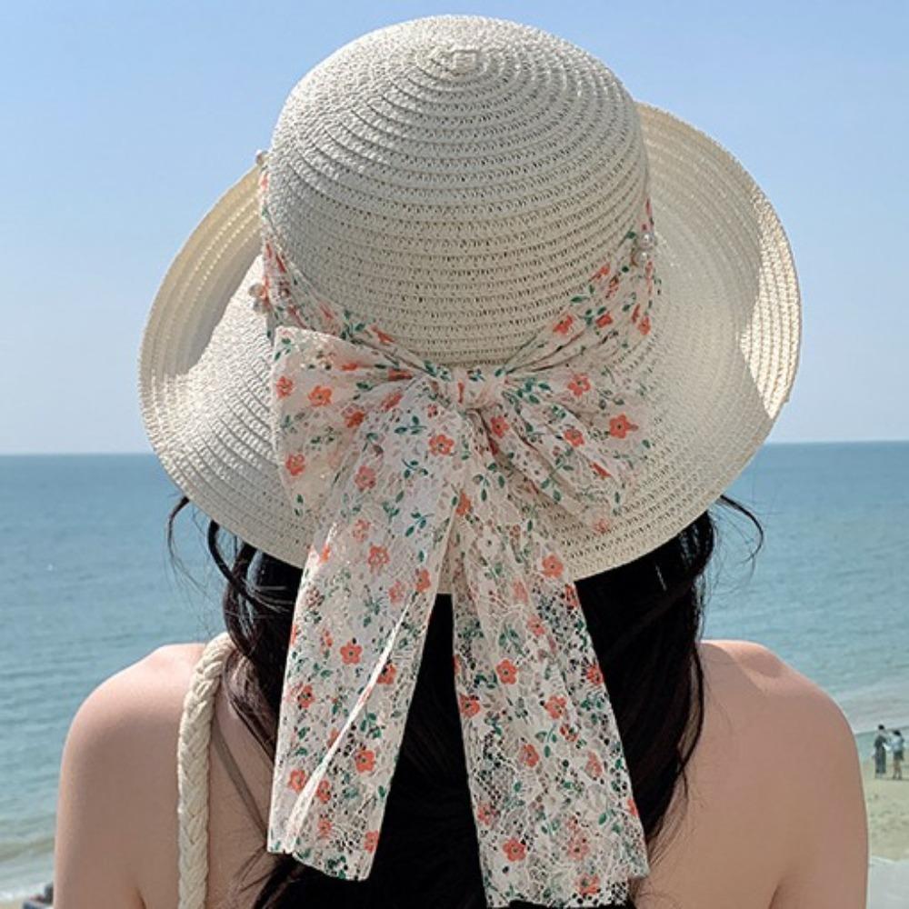 Adjustable Flower Fisherman Cap Large Brim Wide Brim Sun Hat Fashion Lace Bowknot Straw Hat  Summer