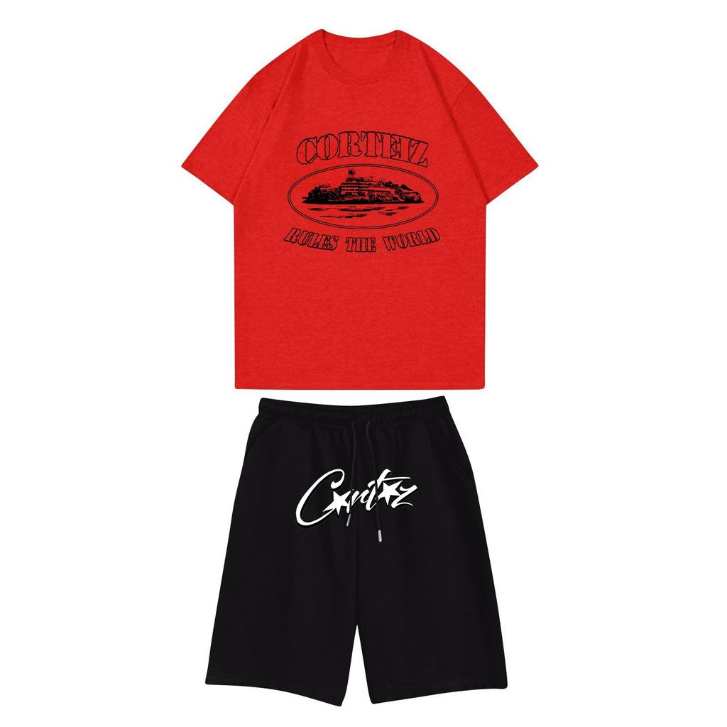 Unisex Jogging Set Summer Casual Printed Round Neck Short Sleeve T-Shirt + Shorts Set Sports Suit