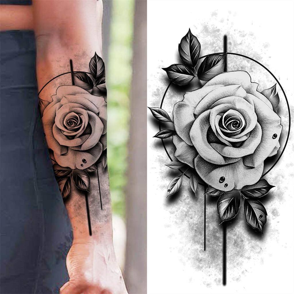 1 Sheet Black Flower Temporary Tattoos For Women Girls Realistic Fake Flora Floral Peony Tattoo Sticker Body Art Painting Decal