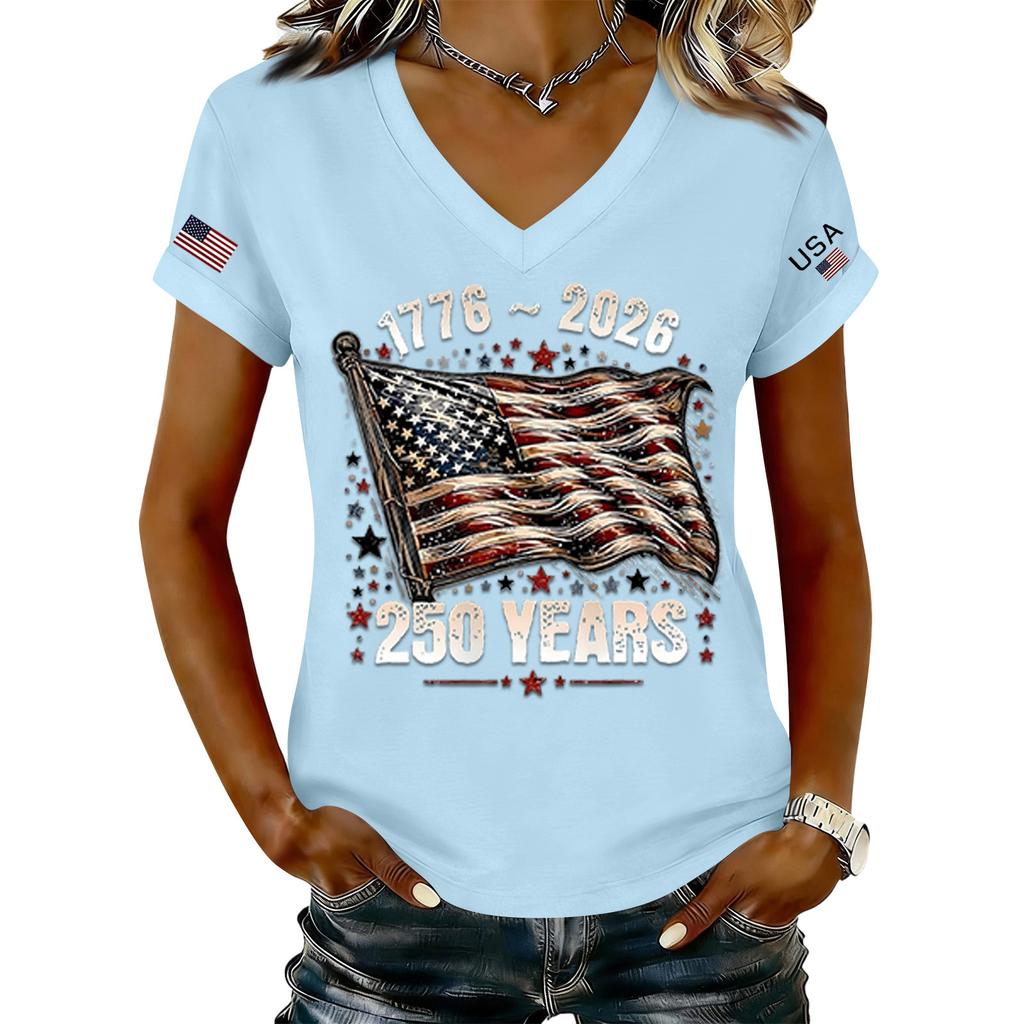 Modisches Damen-T-Shirt mit V-Ausschnitt, lässig, im Retro-Print, kurzärmelig