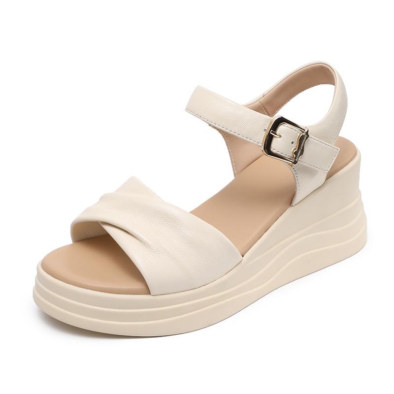 

Johnature Натуральная кожа Босоножки-клинья с открытым носком Овчина Повседневные Универсальные Женские туфли 36