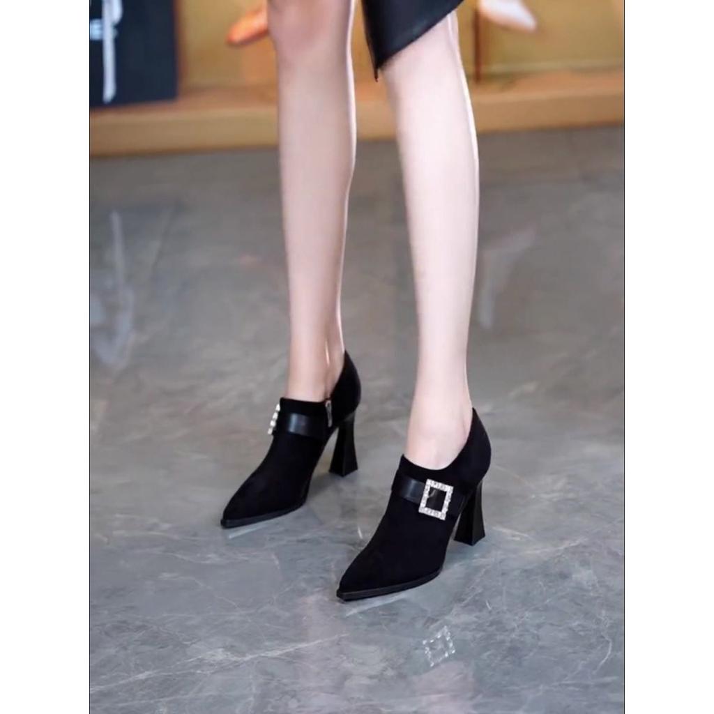Deep mouth single shoes women's autumn and winter 2025 new suede pointed high heels fashion thick heel square buckle rhinestone women's shoes