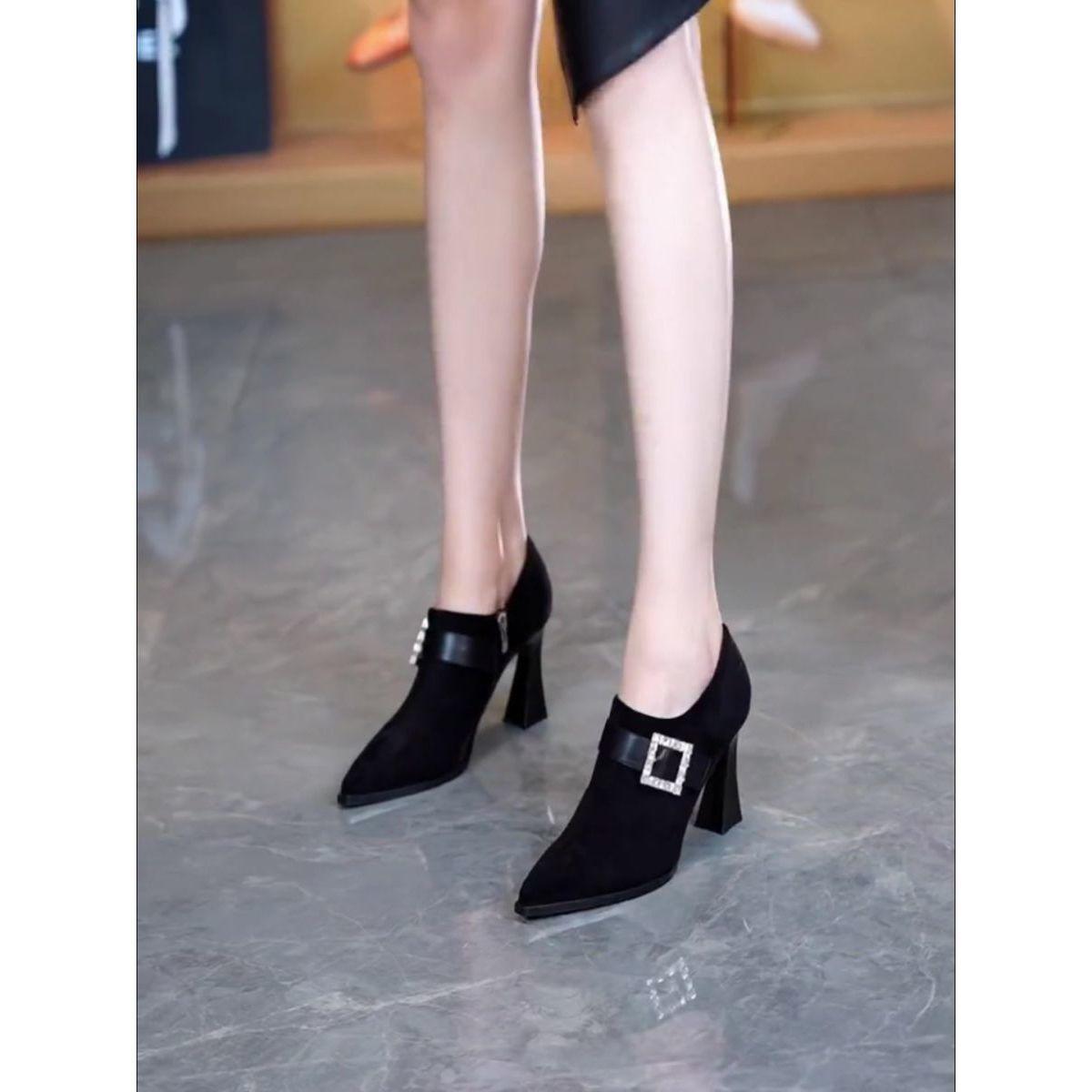 

Deep mouth single shoes women s autumn and winter 2025 new suede pointed high heels fashion thick heel square buckle rhinestone women s shoes 35