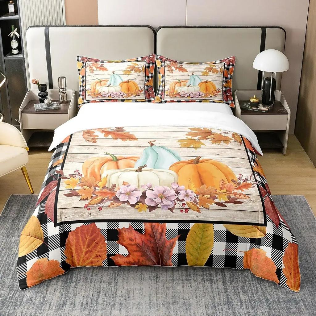 Autumn Maple Bedding Set Pumpkin Fall Comforter Cover Happy Thanksgiving Duvet Cover Farmhouse Room Decor Durable Quilt Cover