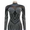 European and American Fashion Women's Solid Color Mesh Rhinestone Long Sleeve Mini Dress