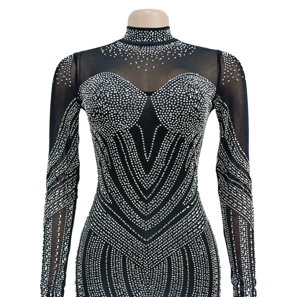 European and American Fashion Women's Solid Color Mesh Rhinestone Long Sleeve Mini Dress