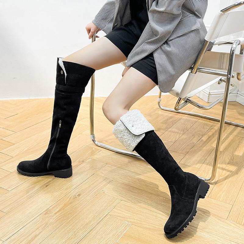 Mode Winter Warm Baumwolle Damen Über Knie Hohe Stiefel Slipper Damen Prägnant Quadratischer Niedriger Absatz Lange Damenstiefel