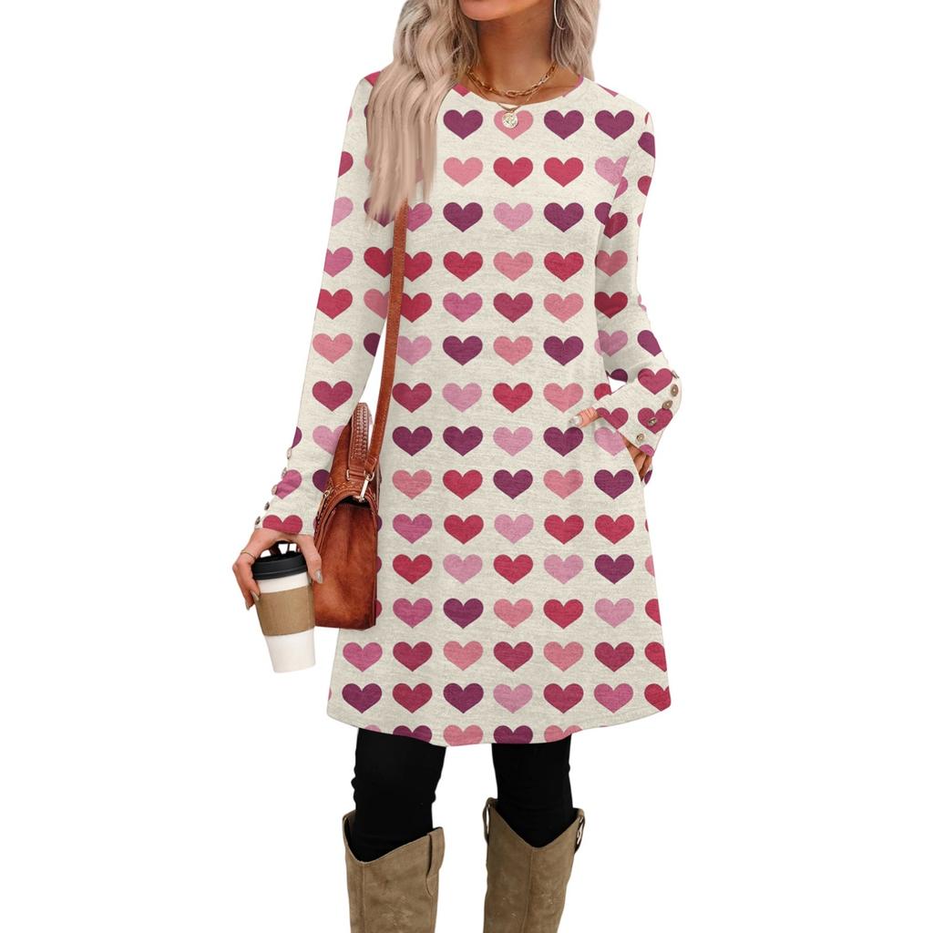 Damenmode lässiges Kleid mit Tasche, dekorativen Knöpfen, Rundhalsausschnitt, langen Ärmeln und Print