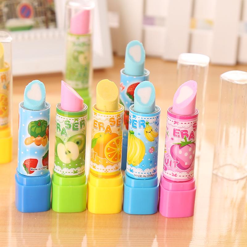 Cartoon Fruit Lipstick Erasers Set for Primary Students - Cute Stationery and Learning Prizes in Multiple Styles
