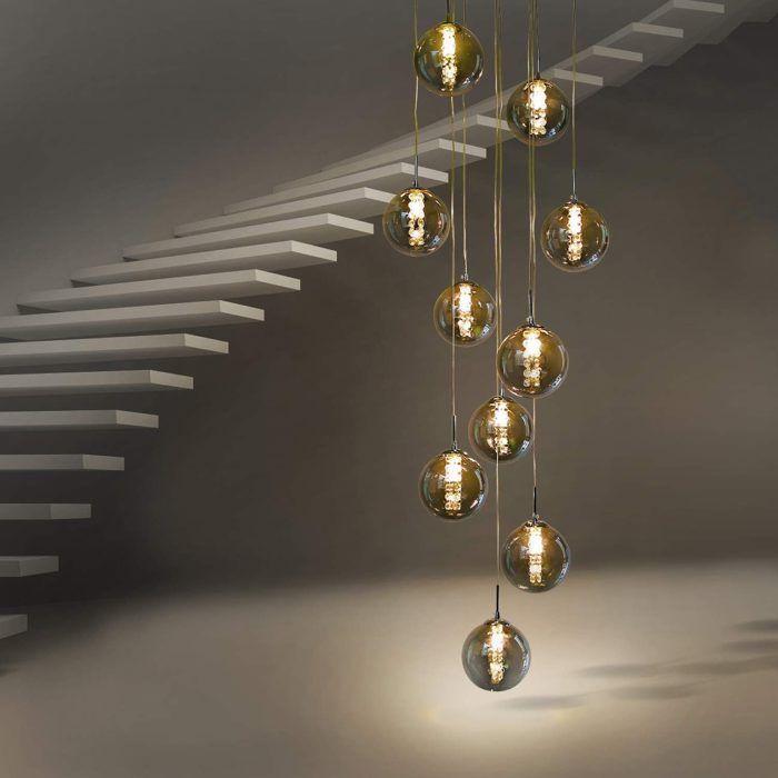 Lampe suspendue - NETTLIFE - 10 lampes - Réglable en hauteur - Verre gris - Diam. 41 cm