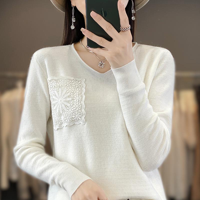 Autumn and winter new V-tie hook flower long-sleeved knitted sweater women's top fashion versatile bottoming shirt jacket