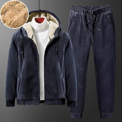 Men Plush and Thickened Set Warm Fashion Casual Jacket + Pants Sports Suit