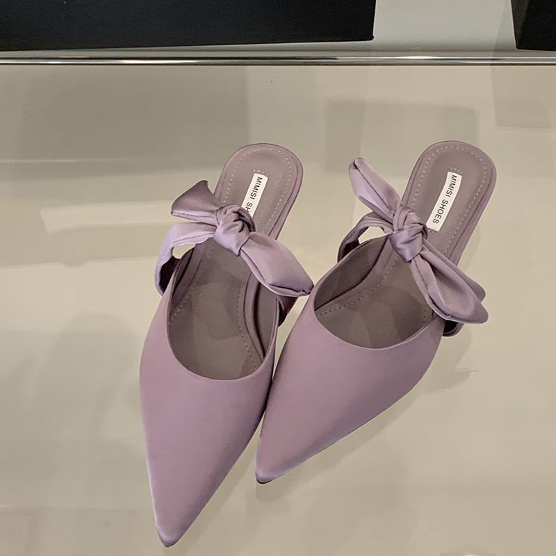 Fashion Fashion Butterfly-Knot Ladies Heeled Pumps Shoes Female Pointed Toe Low Heel Footwear Shallow Slides Shoes For Women Mules Lady