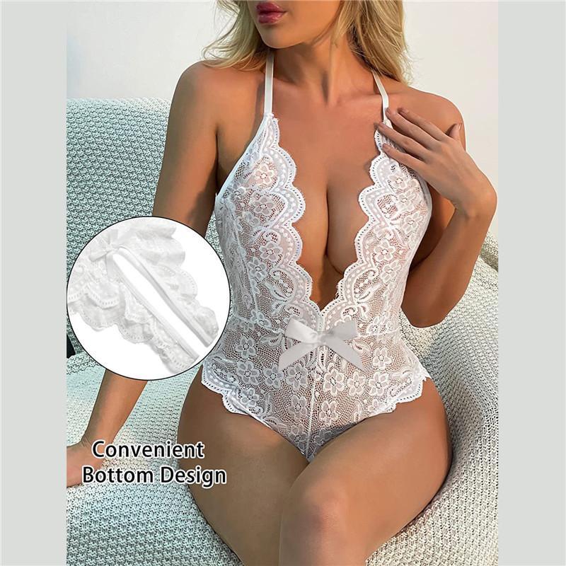 Lingerie Women Lace Transparent Pajamas Set Sexy Sleepwear Deep V Pajama Set Erotic Nightdress