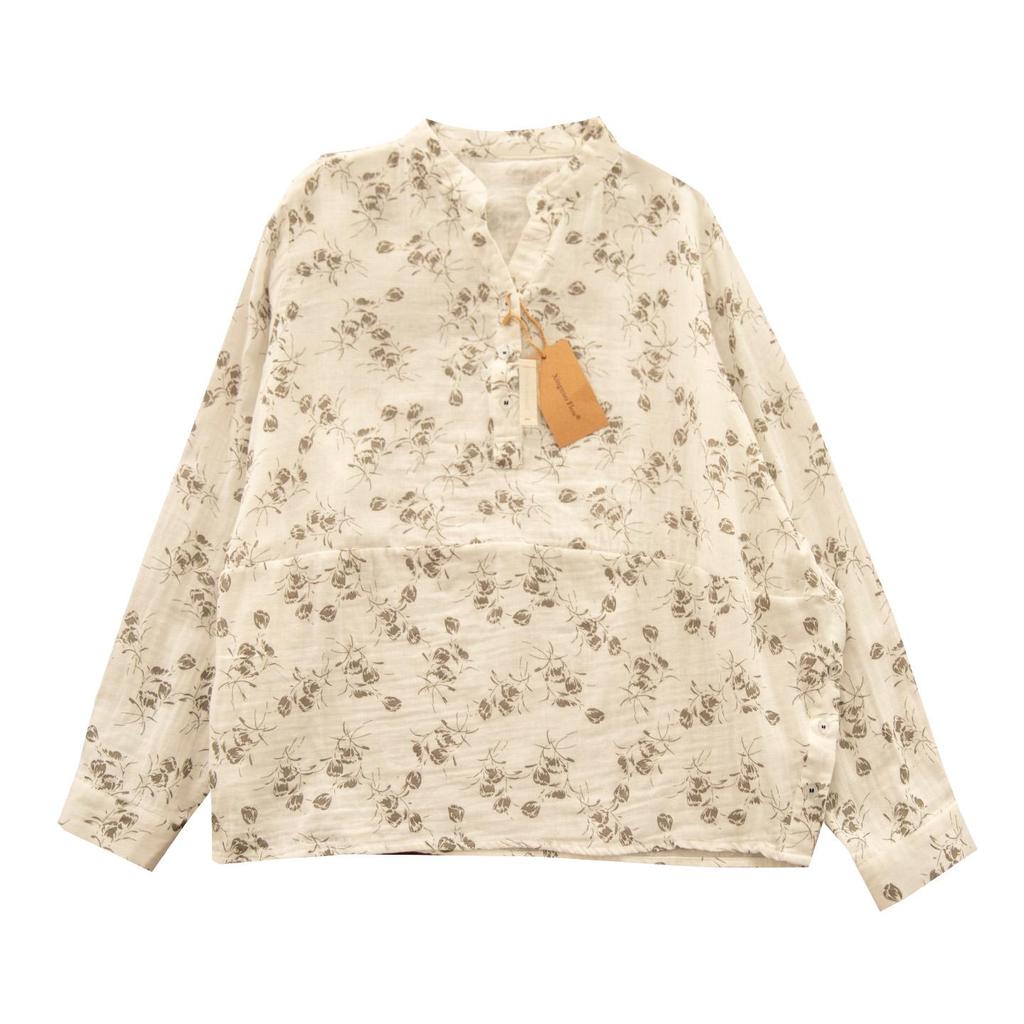 Chemise en Coton et Lin à Manches Longues et Décolleté en V Florale Gorge d'Hiver – Style Printanier Élégant pour Femme
